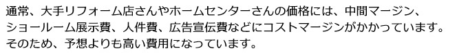 通常、大手リフォーム店さんやホームセンターさんの価格には、中間マージン、ショールーム展示費、人件費、広告宣伝費などにコストマージンがかかっています。そのため、予想よりも高い費用になっています。
